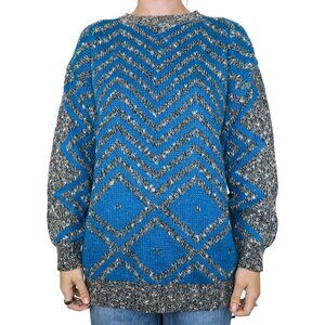 Vintage 80s Geometric Blue and Gray Zig Zag Sweater